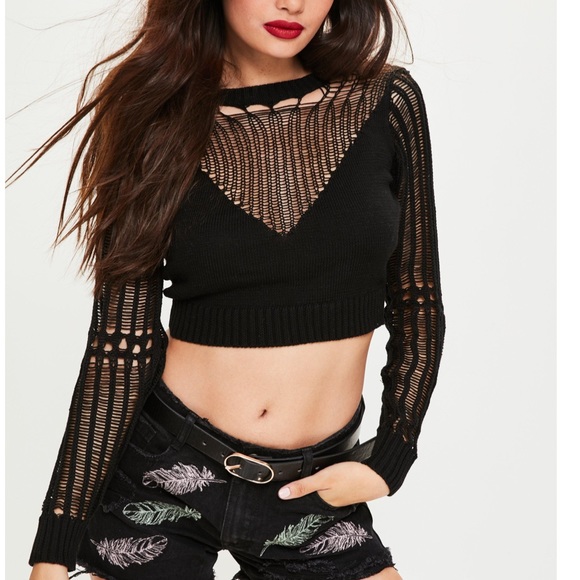 Missguided Tops - Missguided Black Distressed Crop Sweater - Small